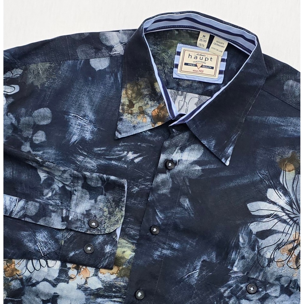 Haupt Germany Mens Blue Floral Abstract Button Down Shirt Size M 15.5 39/40
